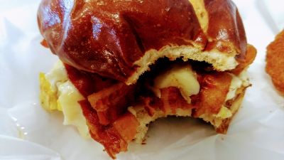 Breakfast!!  Bcon, Egg and Cheese on a Preztel BUN!! YUMMMM!!
