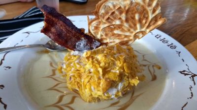 Ice Cream with Corn flakes, cone and bacon
