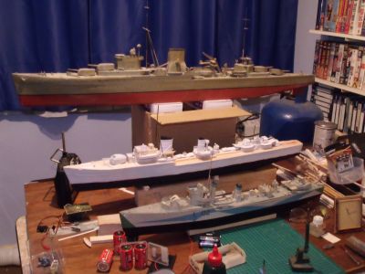 The Shipyard
Hms Ajax, KM Z25, and HMS Wolsey posing together. Z25 still not finished as I am sorting out radio and propulsion problems. Only one missing is the first that I ever built in about 1982,which I gave to the son of a froend
