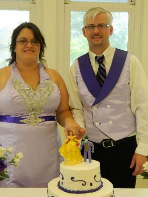 At our wedding. She made her dress and my vest
